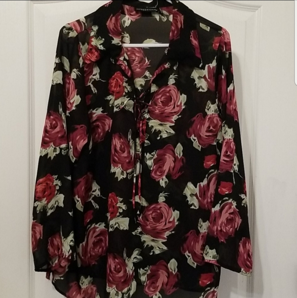 Impressions Semi Sheer Rose Print Long Sleeve Blouse Size 1X